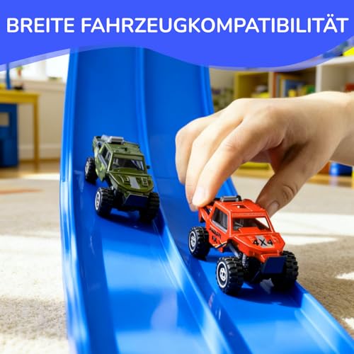 Kosmoflux Autorennbahn Flexible Rennstrecke mit 4 Autos & Tragtasche – Soft Rennbahn Spielzeug für Kinder ab 3 4 5 6 Jahre, Rollt Auf Tragbare Autobahn Geschenk für Indoor/Outdoor, Blau