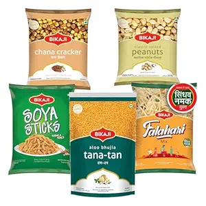 Bikaji Snacks Combo – SOYA STICKS & SALTED PEANUT & TANA-TAN (Aloo Bhujia) & FALHARI MIX & ROASTED CHANA CRACKER | 5 Pack Variety | Bar Snacks, Party Mix & Tea-Time Treats – 1 Kg