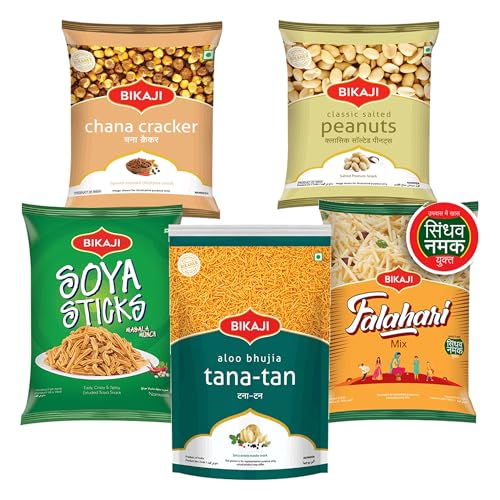 Bikaji Snacks Combo – SOYA STICKS & SALTED PEANUT & TANA-TAN (Aloo Bhujia) & FALHARI MIX & ROASTED CHANA CRACKER | 5 Pack Variety | Bar Snacks, Party Mix & Tea-Time Treats – 1 Kg