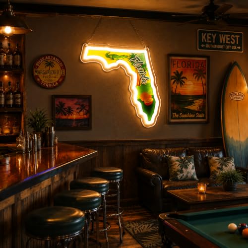 Image of Florida Map Neon Sign, Dimmable Florida LED Neon Light, Tropical Palm Tree Light Up Sign, USB Powered Wall Decor for Bedroom, Living Room, Bar, Party, Home Aesthetic Wall Art Decoration