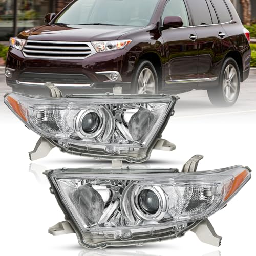 TUSDAR Headlight Assembly Compatible with 2011 2012 2013 Toyota Highlander Headlamps Driver and Passenger Side (Chrome Housing with Amber Reflector)