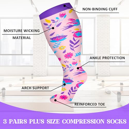 3 Pairs Plus Size Compression Socks for Women Wide Calf Extra Large Knee High Support for Travel,Yoga, Running4