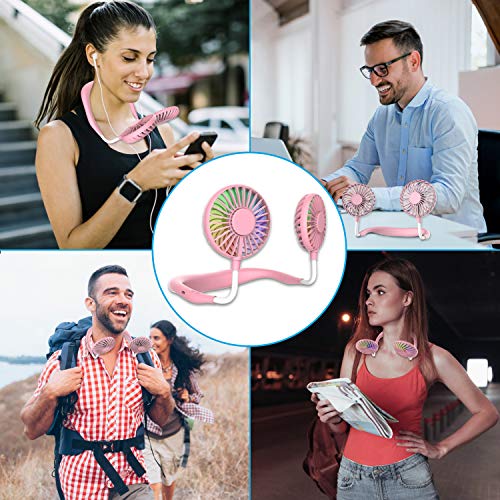 Hand Free Mini USB Personal Fan - Rechargeable Portable Headphone Design Wearable Neckband Fan,3 Level Air Flow,7 LED Lights,360 Degree Free Rotation Perfect for Sports, Office and Outdoor (Pink)