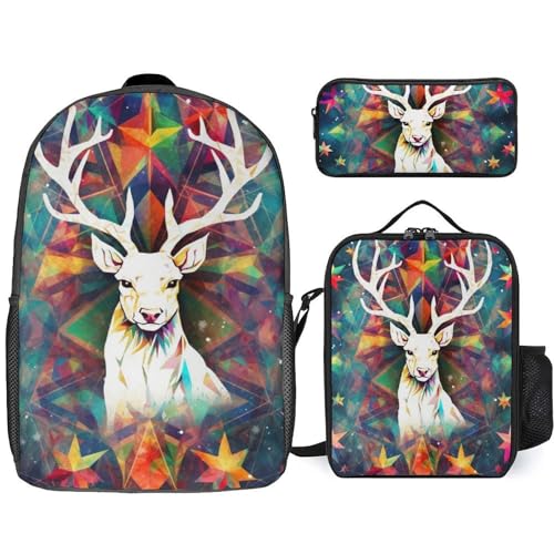 3 Piece Backpack for Women Men Lightweight Causal Daypack Shoulder Bag Set with Insulated Lunch Bag And Pencil Case Organizers Colorful Triangles Reindeer And Snowflakes