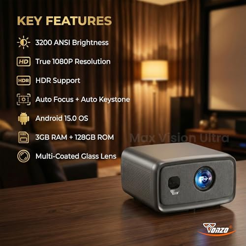 Image of TONZO Max Vision Ultra Android Home Projector 15 Real HDR10+ /HLG 34000 Lumens, 3GB RAM, 128GB ROM Native 1080p Supports 4K Ultra HD Auto Focus & Auto /Electric Keystone HDMI ARC Wi-Fi