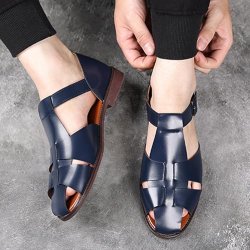 Image of Men's Leather Hollow Flat Fisherman Sandals with Buckle Comfortable Round Toe Breathable Low Heel Non-slip Roman Sandals for Leisure, Work, Driving
