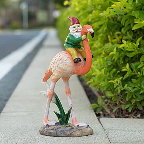 SUYNYBHF Gartenzwerg für den Außenbereich, lustige Gartenzwerge, Reiten, Flamingo-Haus, Küchenfigur, Terrasse, Rasen, Hof, Kunst, Einweihung, 29 cm, Geschenk von Hand bemalt (grün) Cover