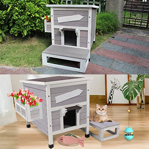 Hicaptain Outdoor Cat House, Weatherproof Stray Cat Shelter With Escape Door, Unique Outside Wooden House For Small Pet-Grey #TOP7
