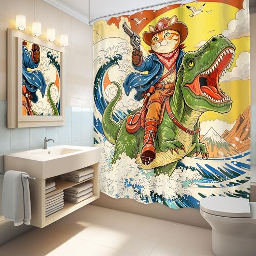 Image of Kids Funny Cat Riding Dinosaur Cool Japanese Bathroom Shower Curtain Set