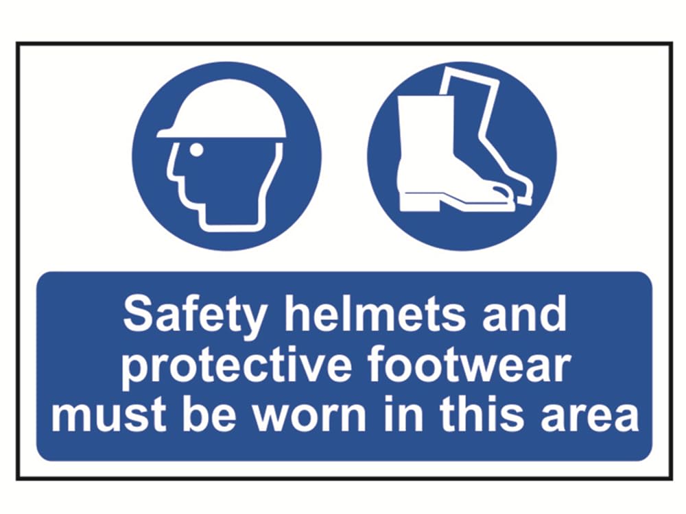 Scan SCA4001 Self adhesive PVC sign - Safety helmets and protective footwear must be worn in this area - 400 x 600mm