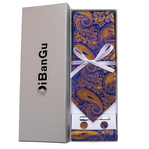 Image of DiBanGu Paisley Ties for Men Silk Necktie and Pocket Square Cufflinks Tie Clip Set Woven Classic Mens Tie for Wedding Party