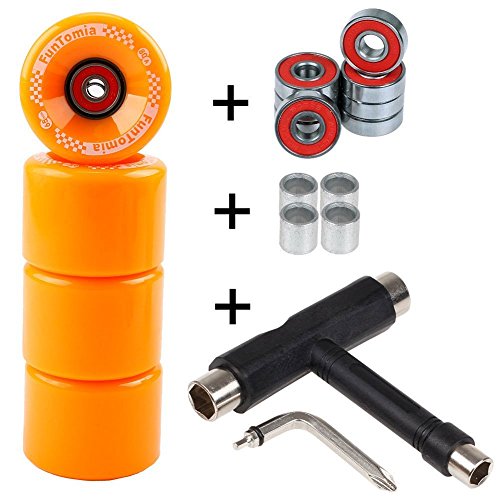 FunTomia 4 Stück Longboard/Skateboard/Mini-Board Rollen (Big Wheels) in 65x45mm 80A inkl. ABEC-9 Kugellager und Metall Spacer 80A Rollenhärte + T-Tool (orange)