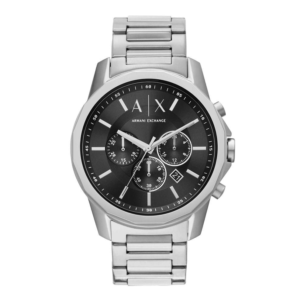 Armani Exchange Armbanduhr AX1720 Quarz-Chronograph, 44 mm Edelstahlgehäuse, Silberton, schwarzes Zifferblatt