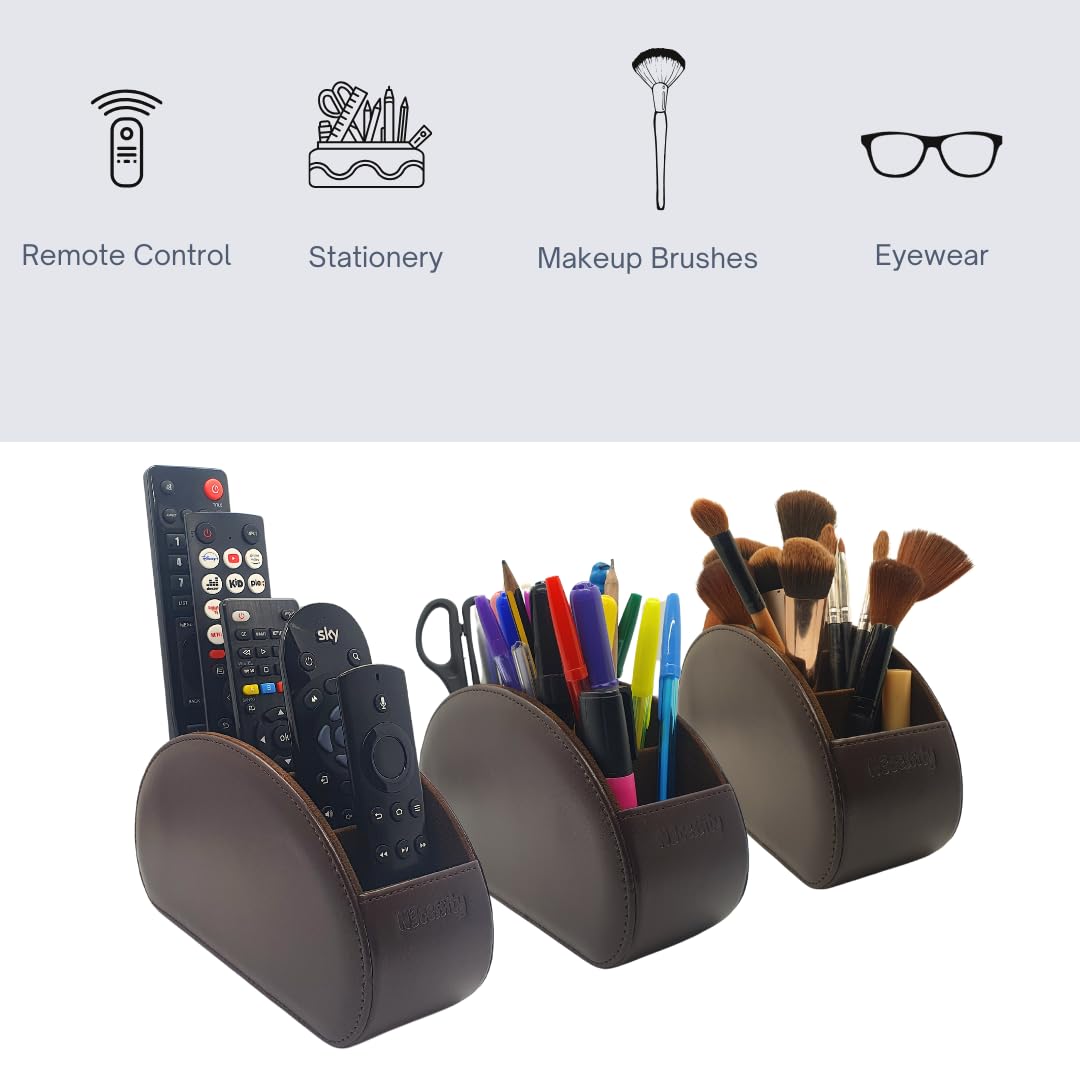 N3cessity Remote Control Holder/Desktop Organiser - Storage Caddy with 5 Compartments Fits Office Supplies, Makeup Brushes. (Brown) - Image 3