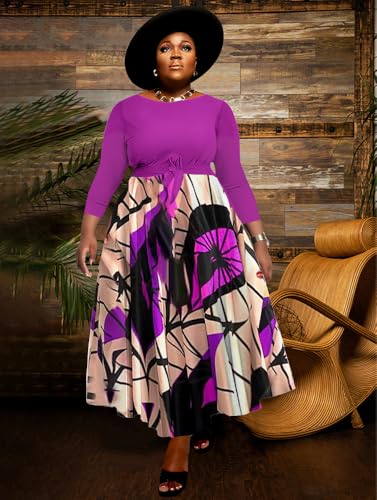 Image of BFFBABY Women's Wrap V Neck Plus Size Maxi Dresses 3 /4 Sleeves Chain Floral Printed Swing Dress with Belt