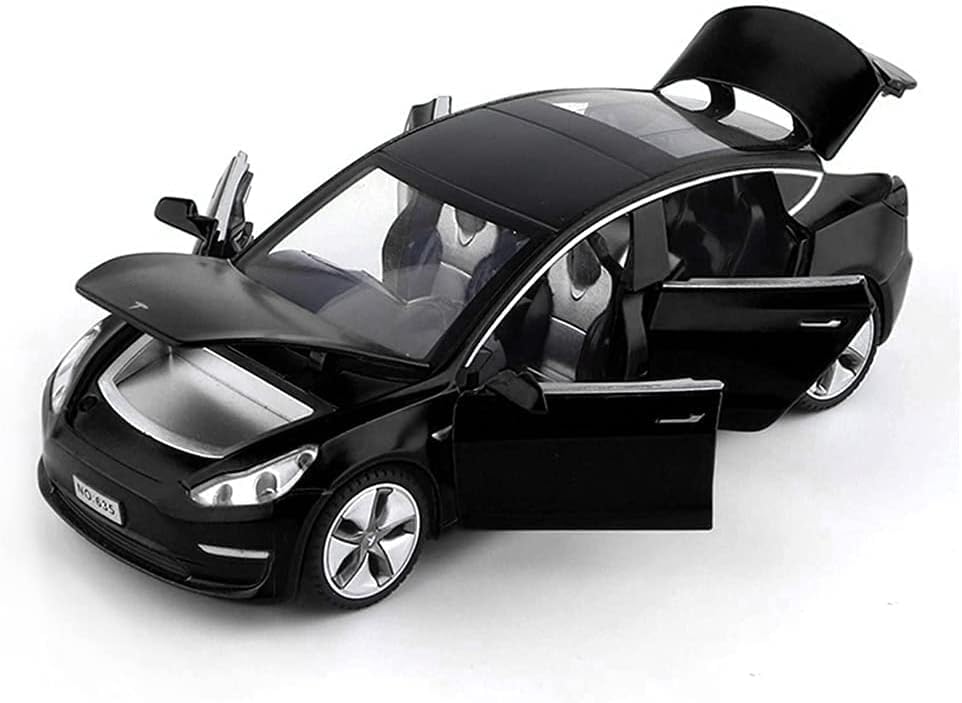 Image of DEOXY 1:24 Scale Tesla Model 3 Die-Cast Toy Car - Black Electric Vehicle Model with Openable Doors, Hood & Trunk, Pull Back Action, Lights & Sound - Metal Body for Kids