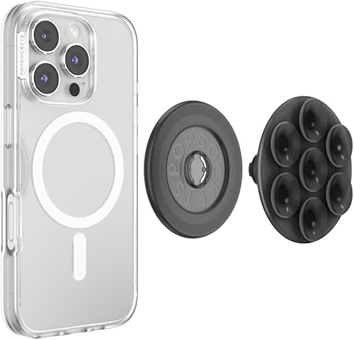 Vista 121 de PopGrip de PopSockets: Agarre y soporte para teléfono, plegable, parte superior intercambiable, blanco sobre negro