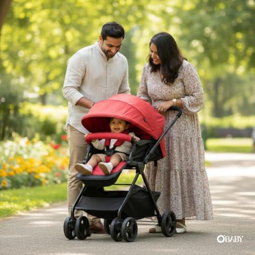 Image of OBABY Stroller with Reclining Seat, Adjustable Canopy, Safety Harness, Smooth Wheels, Compact Folding Design