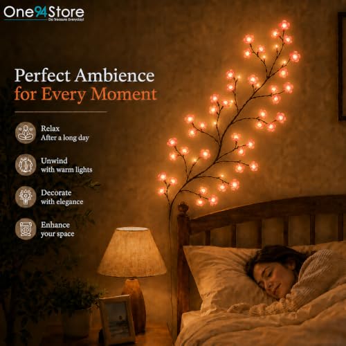 Image of One94Store Cherry Blossom LED Wall Vine Light - 72 LED Flexible Twig Branch Garland with Remote & 8 Modes, USB Powered Pink Floral Fairy Decor for Bedroom, Living Room & Christmas