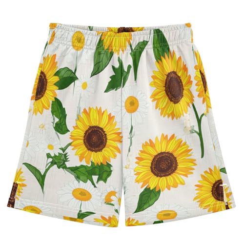 Sunflowers and Daisies Athletic Shorts with Zipper Pockets, Youth Boys Athletic Running Shorts for Summer - Main Image