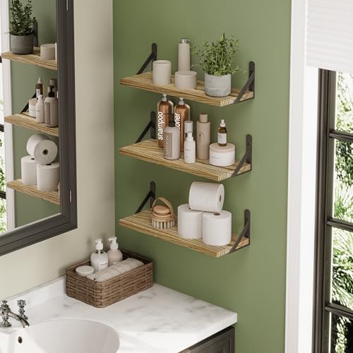 Image of YGEOMER 16.5 Inch Floating Shelves for Wall, Farmhouse Wall Shelves for Bedroom, Bathroom Storage, Living Room and Kitchen Decor (Set of 6 Light Brown Color)
