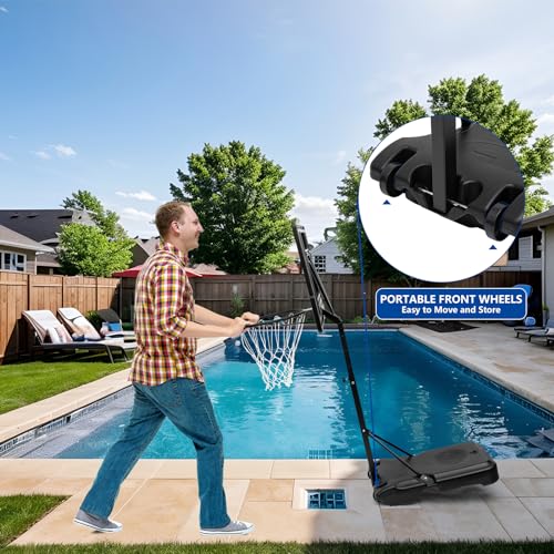 DEBERG Swimming Pool Basketball Hoop Set Height-Adjustable Portable Pool Basketball Hoop Poolside with Shatterproof Backboard and Stainless Steel Rim/Bracket, Includes a Ball and Air Pump
