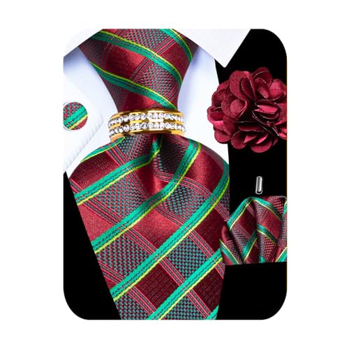 Image of 5PCS Mens Premium Silk Tie, Pocket Square, Cufflinks, Drilled Tie Ring and Lapel Pin Set for Wedding Groom Party