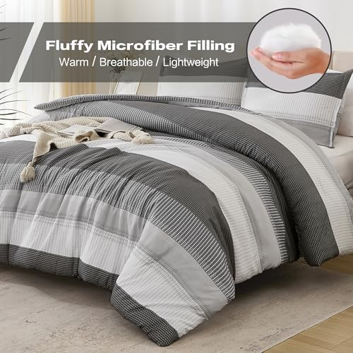 Litanika Dark Grey Comforter Set Super King Plus - 3 Pieces Lightweight Dark Grey Colorblock Stripe Fluffy Bedding Comforter Sets, All Season Bed Set