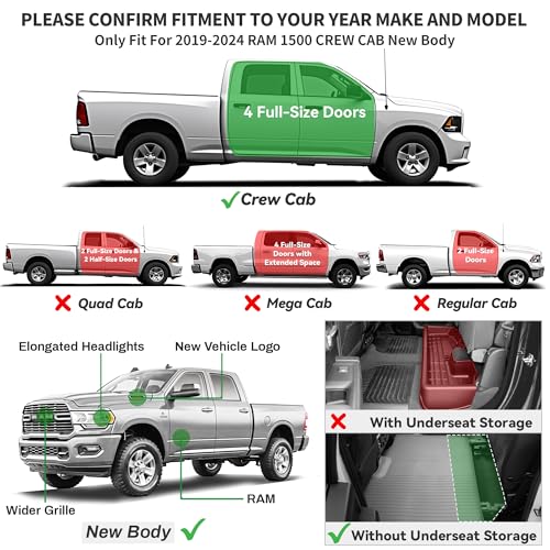 Image of YITAMOTOR Floor Mats Compatible with 2019-2024 Dodge Ram 1500 Crew Cab (New Body), with 1st Row Bucket Seats, No Rear Under Seat Storage Box, Custom Fit Floor Liners 1st & 2nd Row