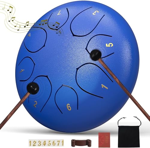 Rain Drum for Outside, 6 Inches 8 Notes Steel Tongue Drum for Garden Instrument, Rain Chime Waterproof, Hand Pan Instrument Outdoor, with Bag, Music Book, Mallets (Blue)
