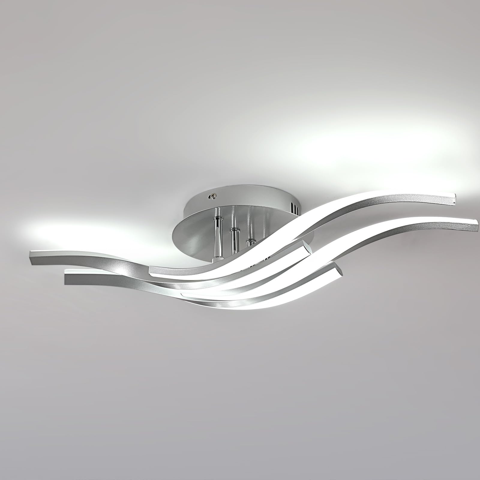Toolight Lámpara de Techo, 32W 3600LM Plafon LED Techo de Moderna Diseño Curvo 60CM, Lamparas de Techo para Salón Dormitorio Cocina Estudio Pasillo, Blanco Frío 6500K, Plata