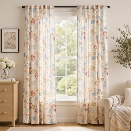 Image of jinchan Floral Linen Curtains 84 Inch Vintage Cottagecore Back Tab 2 Panels