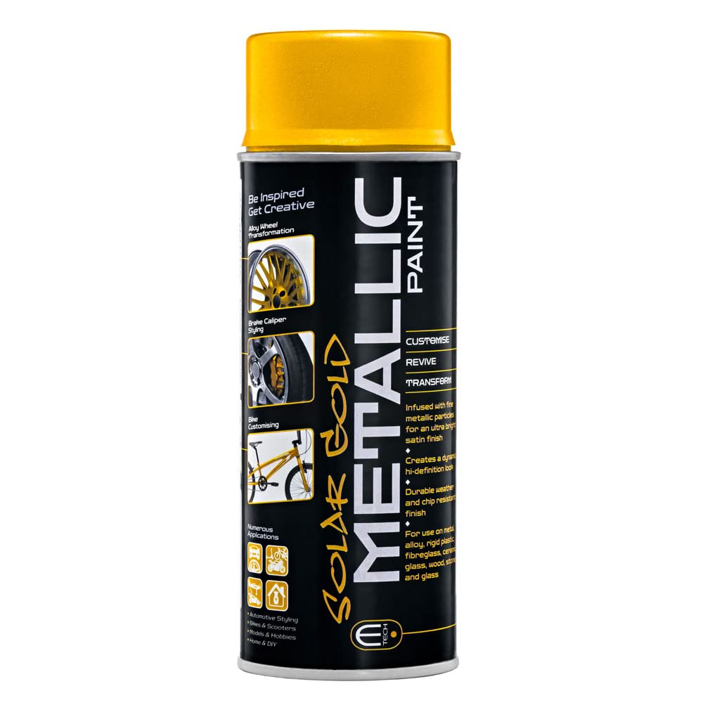 BITS4REASONS E-TECH Solar Gold Formula Metallic Spray Paint for Automotive, Bikes, Scooters, Models, Hobbies Home & DIY. For Use On Metals, Alloy, Rigid Plastic, Glass & More- Heat Rated Up To 180°c