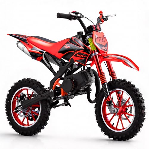 50cc Kids Dirt Bike, 2-Stroke Gas Powered Mini Motorcycle Up to 40MPH, Off-Road Dirt Bike for Kids 8-14 with Front Rear Disc Brakes, Double Shock Absorption (RED)