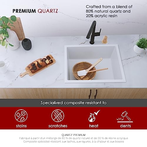 Image of Stylish 22 x 17.5 Composite Granite Kitchen Sink, Single Bowl Under Mount & Drop in, 8.25 in Deep, Rear-Center Drain, with Strainer, White, S-822H