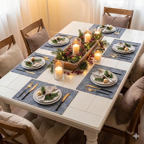 Image of YELONA Placemats Set of 6, Heat-Resistant Woven Vinyl Table Mats, Non-Slip & Washable Dining Tablemats for Kitchen & Dinner Decor, Blue & White (45cm x 30cm)