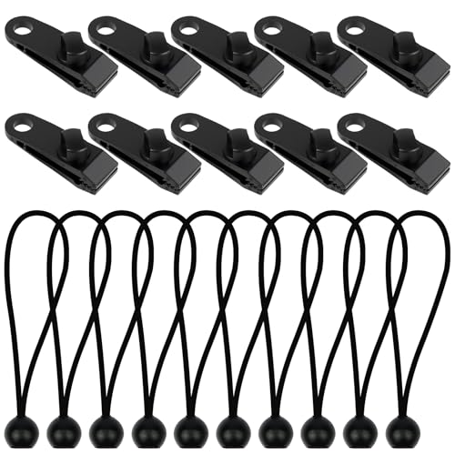 HOTUT Tarp Clips Set, 20 Stück Zeltplane Clips Planenbefestigung, mit 10 Planenklammern und 10 Zelt Bungees Schnüre, Heavy Duty Zeltklemme Planenspanner für Camping Vorzelt, Picknick, Wandern