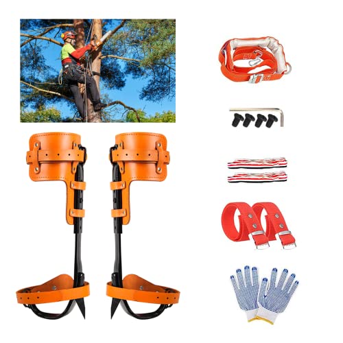 RANLOVE Tree Climbing Spikes Set, 304 Stainless Steel Adjustable Tree Climbing Spike 2 Gears and Non-Slip Pedal, Tree Climbing Spikes Tool for Climbing Trees, Picking Fruit (Leather with Belt)