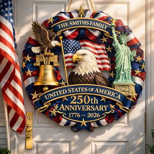 NAZENTI Personalized 250th Anniversary 4th of July Door Sign with Family Name Custom Door Wreaths for 250 USA Anniversary Customized Patriotic Decorations 250 Year America Outdoor Decorations A01