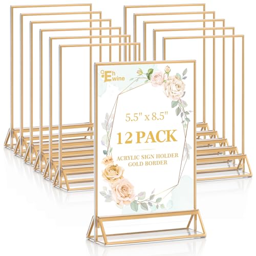 EHWINE 12 Pack Acrylic Sign Holder 5.5 x 8.5, Double Sided Gold Picture Frame Stand up Table Top Sign Holders, Clear Display Stand Menu Flyer Holder for Wedding Party