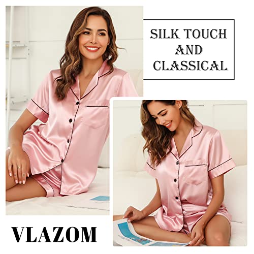 Vlazom Womens Silk Pajamas, Short Sleeve Satin 2 Piece Pj Sets Button-Down Sleepwear Loungewear Pjs Shorts Set S-XXL3
