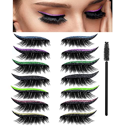 BFBOYS 7 Pairs Eyeliner Sticker and Eyelash Stickers With Glitter - 7 Colors Reusable Self-adhesive False Eyelashes - 7 Pair (Pack of 1)