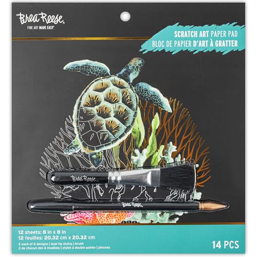 Brea Reese: Scratch Art Paper Pad - Under the Sea - 12 Sheets 6 Guided Designs Metallic Accents Dual-Tip Stylus & Brush 8x8 Pages Adult Craft