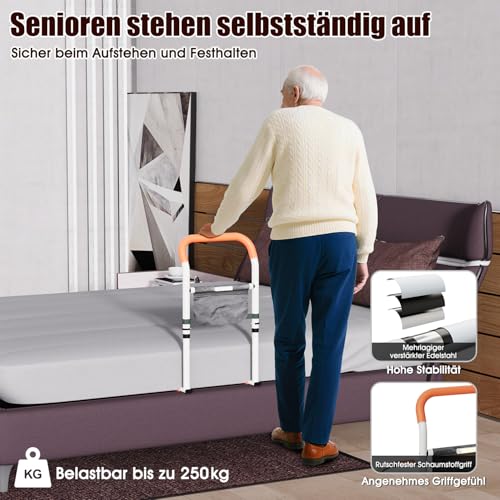 Zelvia Aufstehhilfe Bett für Senioren Höhenverstellbarer Bettgriff mit rutschfestem Handgriff abnehmbarem LED-Sensorlicht mit Tasche Alltagshilfen für Senioren Schwangere Reha Patienten (Orange)
