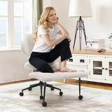 Ergonomic Cross Legged Office Chair, 360° Swivel Meditation Kneeling Chair with Wheels, Adjustable Height for Meditation, ADHD & Yoga, Lumbar Support, Wide Criss Cross Design, Teddy Fabric, White