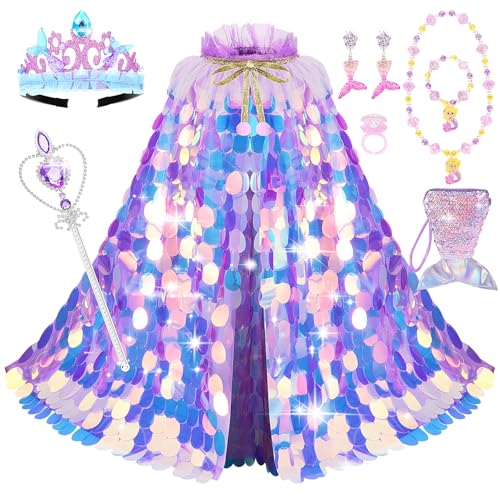 LIMIROLER Princess Dress Up Toys Princess Dress Up Clothes Rainbow Mermaid Cape Kit 9 Pcs Gift Set for Little Girls 3-8 Years Old, Great Gift Set for Birthday Christmas Halloween (Rainbow Purple)