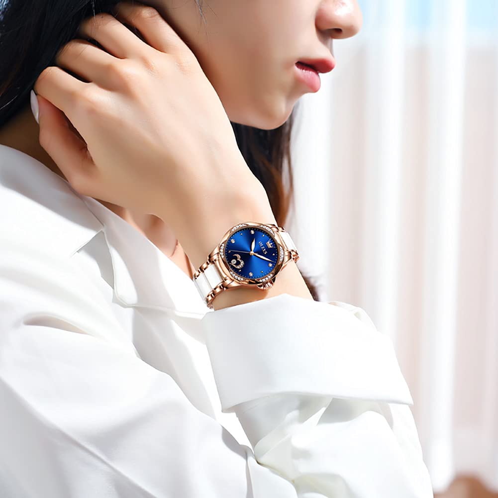 OLEVS Orologio automatico da donna meccanico a carica automatica, orologio da polso da donna con diamanti, orologio di lusso in ceramica oro rosa per donne amore cuore data