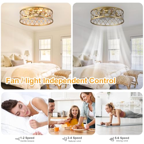 Image of Garwarm Caged Ceiling Fan with Light,20 inch Ceiling Fans with Lights and Remote,Bladeless Fandelier Small Low Profile Ceiling Fan Light Fixture for Bedroom,Kitchen,Dining Room,Gold