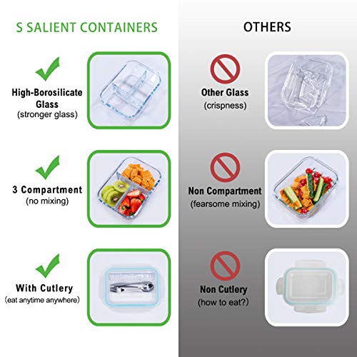 S Salient Glass Meal Prep Containers 3 Compartment - Bento Box Glass Lunch Containers - Meal Prep Glass Container-Food Storage Containers With Lids-Portion Control Food Containers Glass(3-Pack,36 Oz) #TOP3