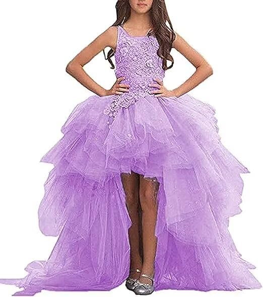 High Low Flower Girl Dresses for Wedding Tulle Princess Pageant Dress Lace Appliques Ball Gown Dress